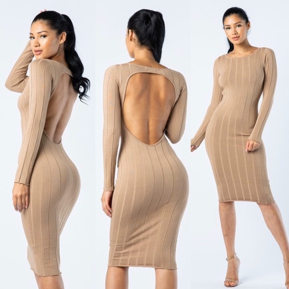 βΌοΈ Open Back Stretchy Sweater Dress Midi Bodycon - Picture 2 of 2